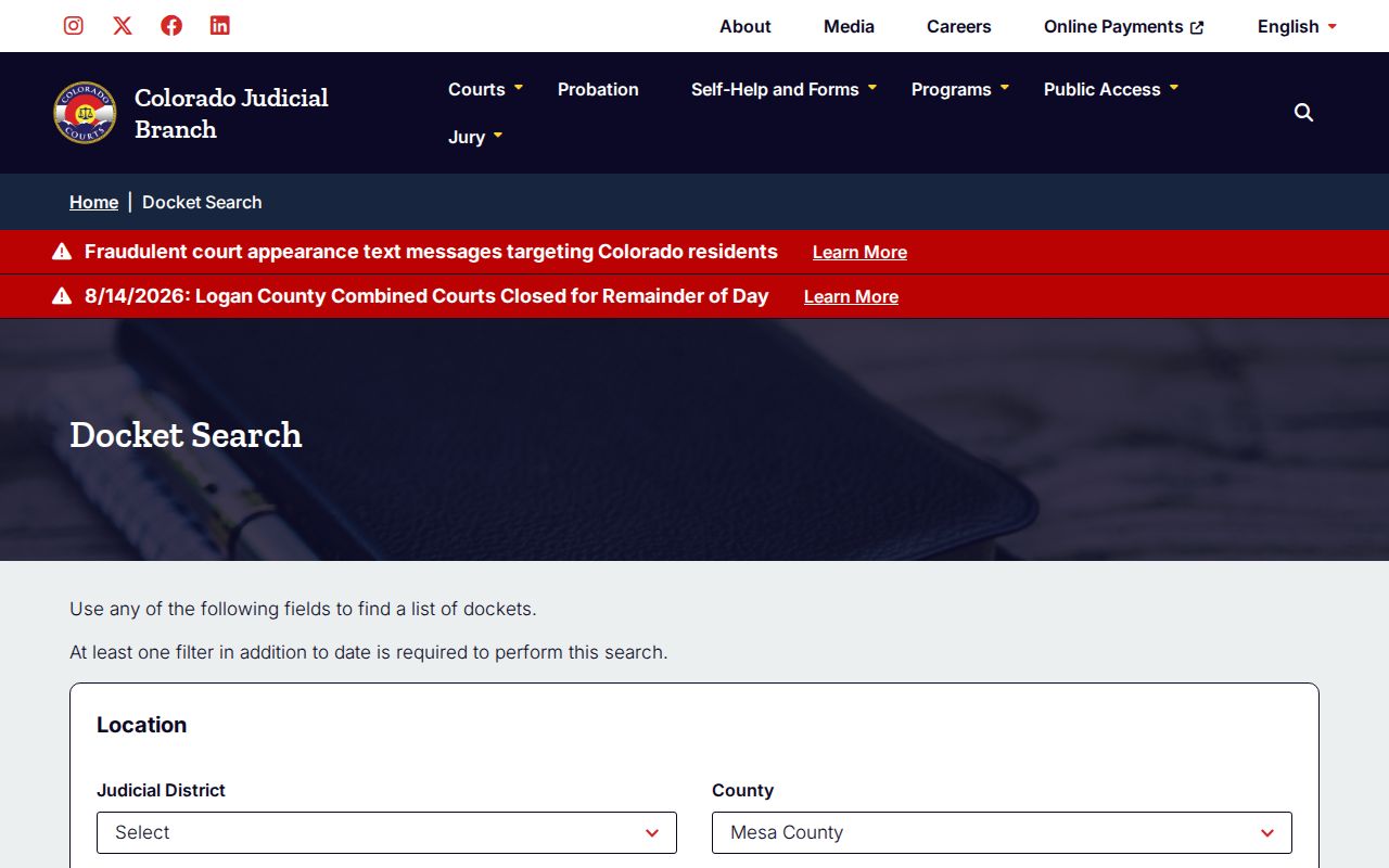Mesa County court docket search filters