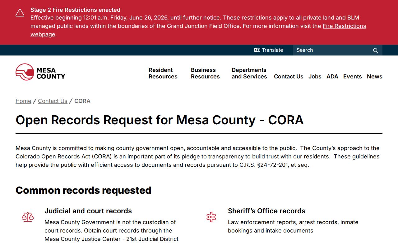 Mesa County court record custodian warning on the county CORA guide